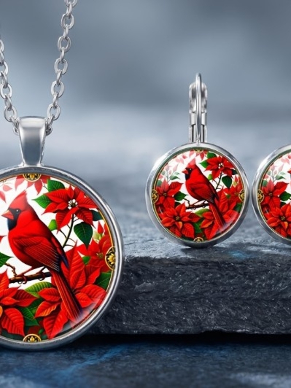 Red Cardinal Pendant & Earrings Set - Women Jewelry